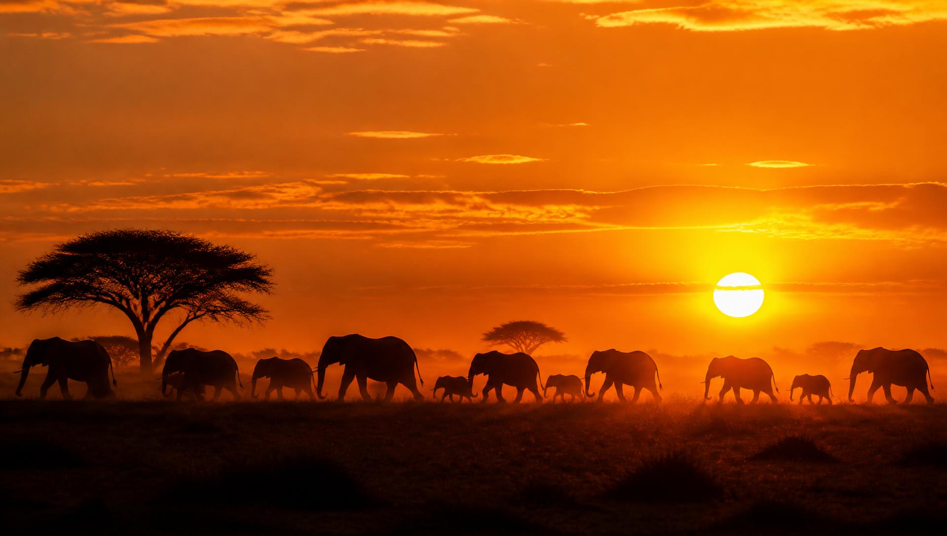 Herd of elephants crossing the savannah at sunset