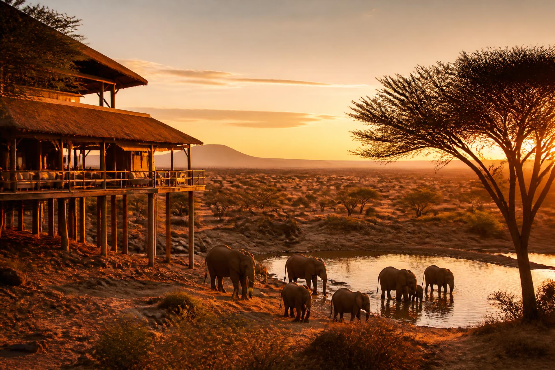 Salt Lick Safari Lodge overlooking a Tsavo waterhole at sunset with elephants drinking
